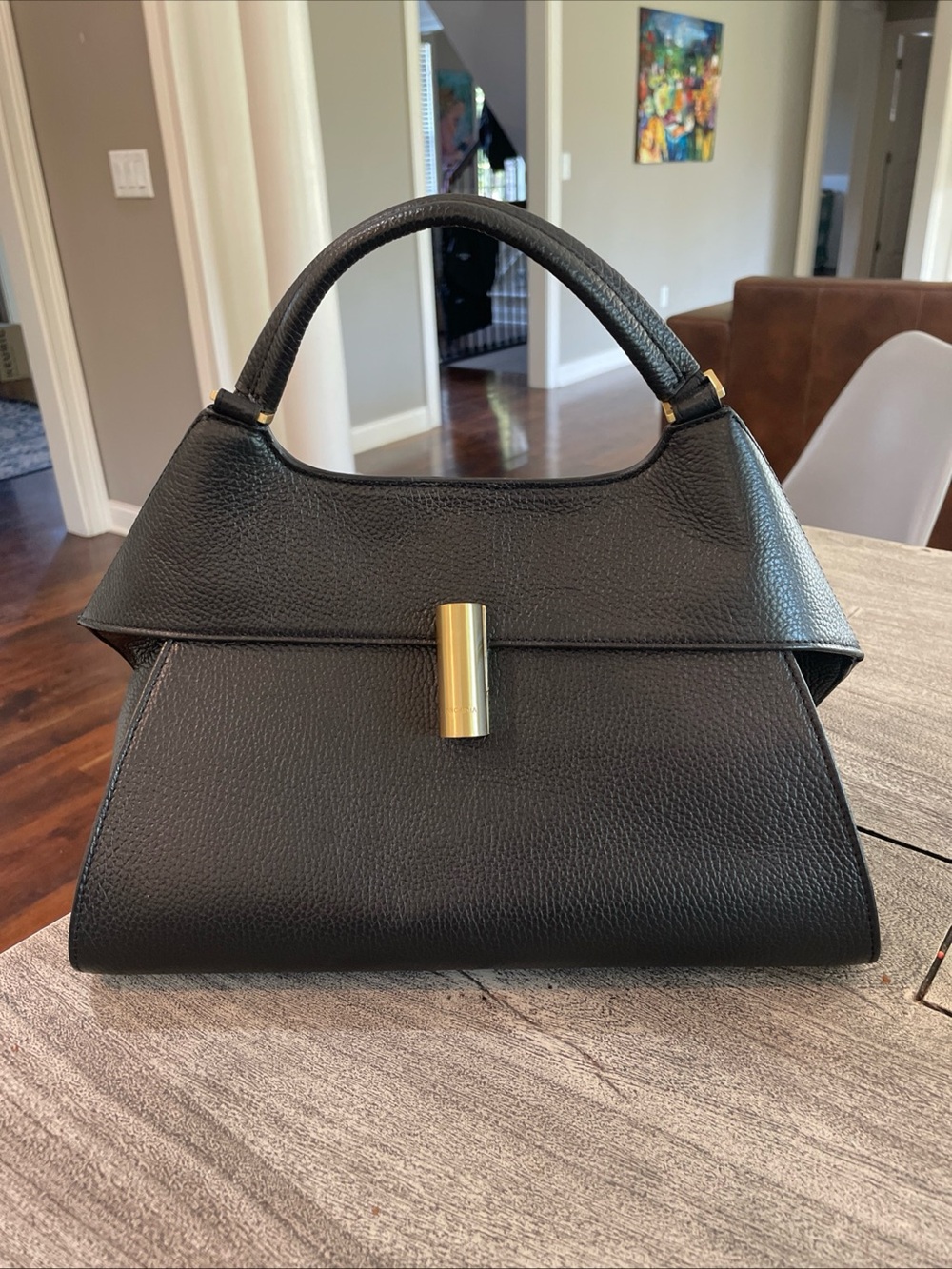 Arcadia Emma Large Black Pebbled Satchel Top Handle Gold Hardware Lock Pockets